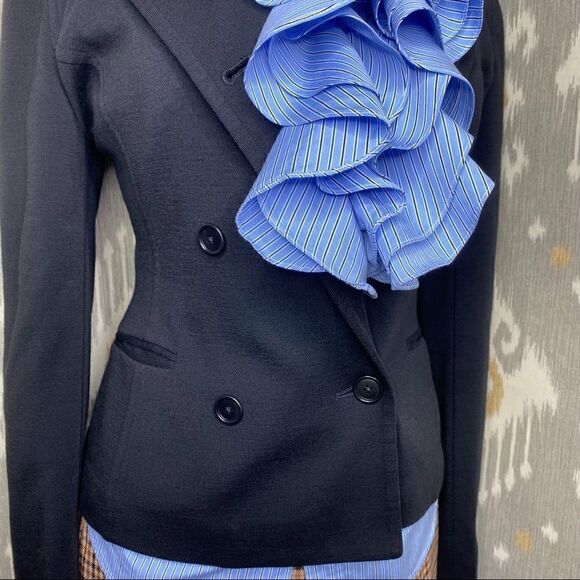 Ralph Lauren Triple Ruffle Blue Pin Stripe Cotton Stretch Jabot Blouse - Picture 5 of 16